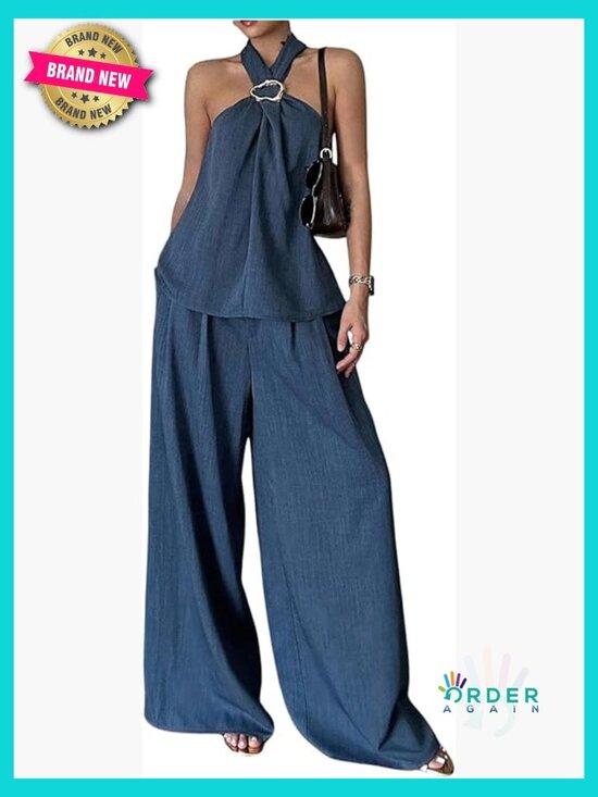 Pants - 2 Piece Outfits Halter Tank Top Wide Leg Pants Matching Sets Trendy Plus Size